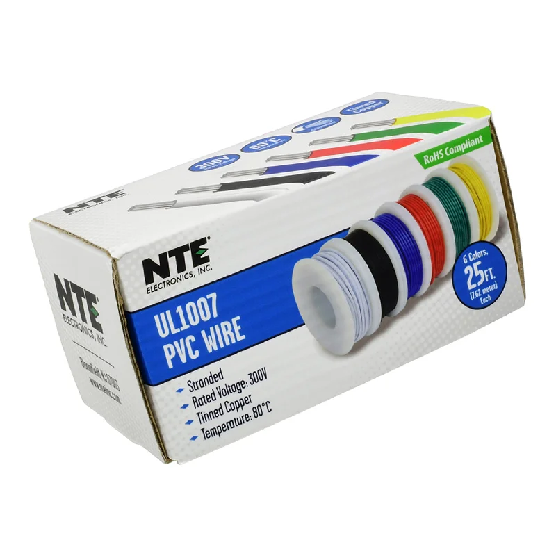 NTE WAK-PVC22 6-Color 22AWG Wire Assortment Kit, Stranded, Tinned Copper, 25FT Rolls