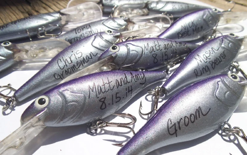 Personalized Fishing Lure Purple Silver Wedding Color Wedding Favor Best Man Groomsmen Father of the Bride or Groom Ring Bearer Jr Groomsman